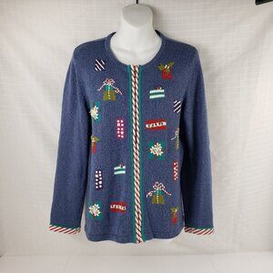 Appleseeds M Cardigan Sweater Blue Zipper Bead Embroidery Holiday Christmas